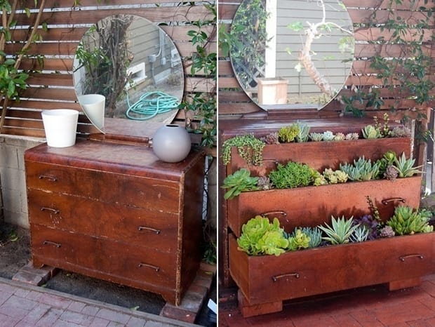 DIY gartendeko aus sideboard rustikal und pflanzen