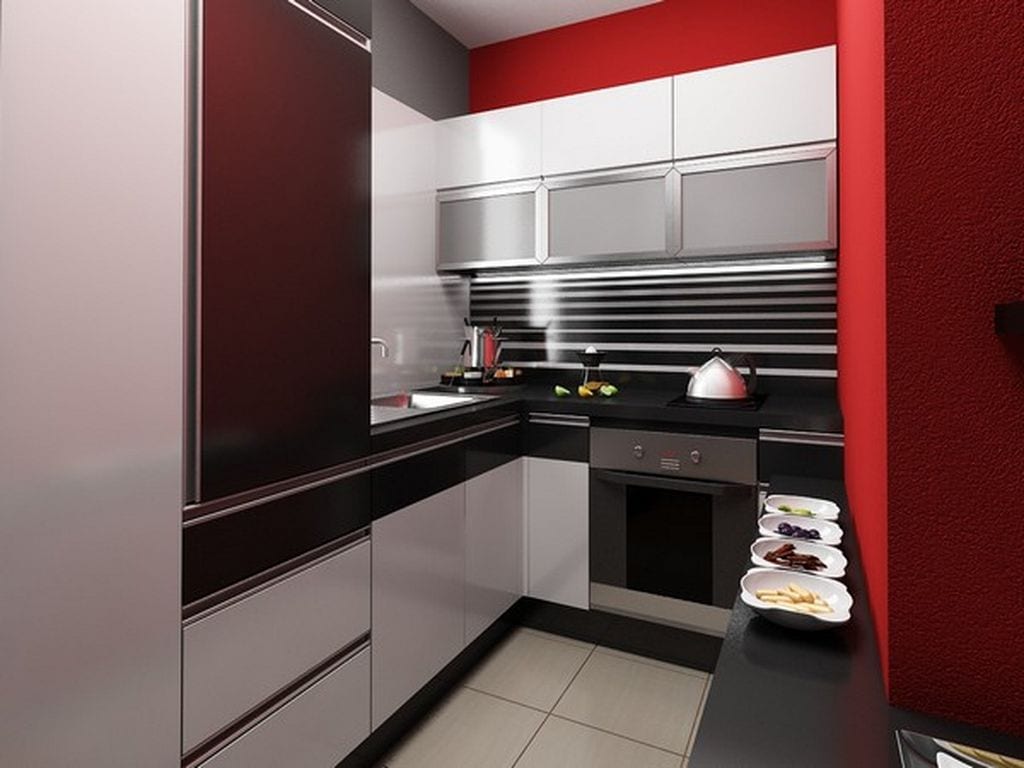 einrichtung-kleiner-küche-in-schwarz-und-weiß-in-kombination-mit-roter-wand