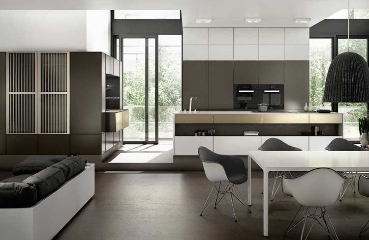 moderne einbau küche in weiß und braum - offene küche mit ess- und wohnbereich