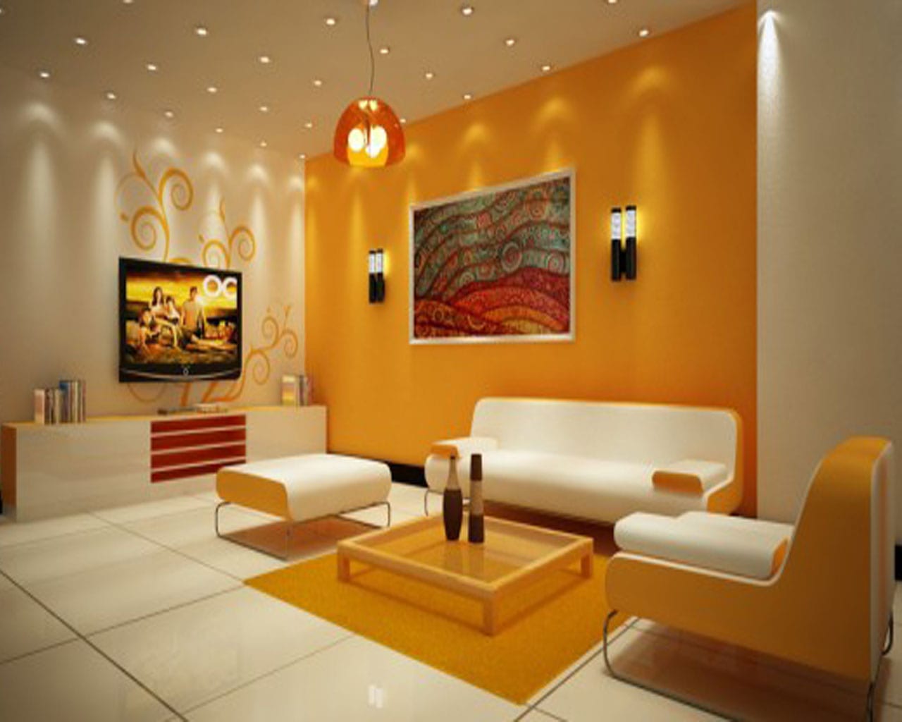 Wohnzimmer farbgestaltung- gelber teppich- gelbe möbel- wandtattoo- weiße Bodenfliesen
