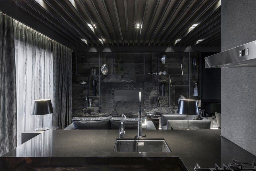 schwarze küche im wohnraum- wohnzimmer wandgestaltung- wohnzimmer decke schwarz