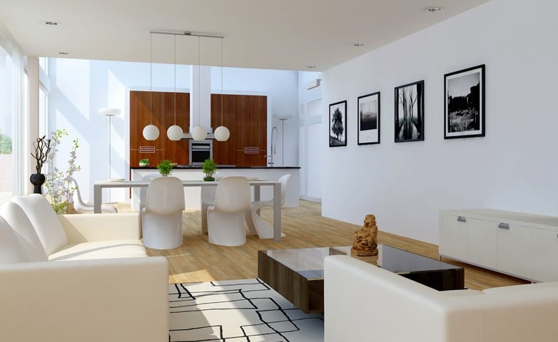 modernes wohnzimmer weiß mit kochinsel und holzwandverkleidung-kugel pendelleuchten weiß-modernes teppich weiß 