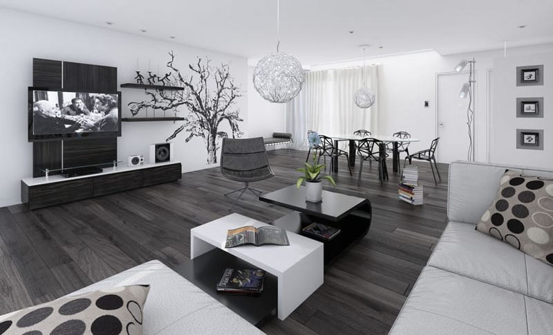 wohnzimmer schwarz weiß mit modernen esszimmerstühlen schwarz und ecksofa weiß