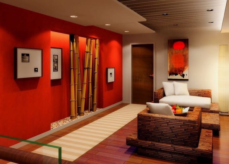 Interior Design mit Bambus- wohnzimmer mit Parkett und roter Wand