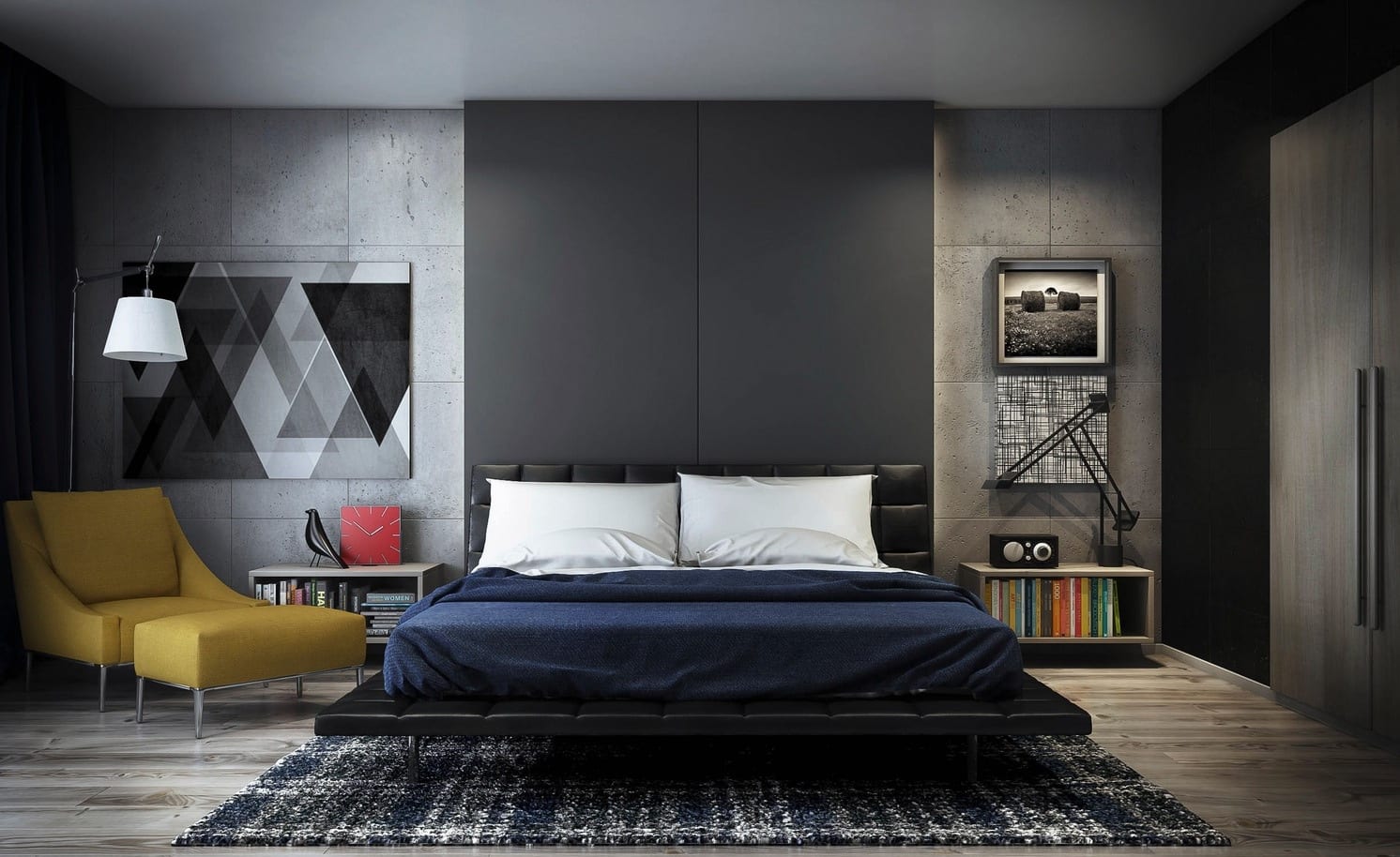 schlafzimmer grau mit holzboden und wände aus beton-lederbett schwarz- wandfarbe schwarz-polstersessel gelb