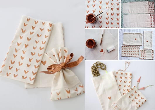 DIY Geschenktasche aus Textil mit gemalten herzen als Idee zum Valentinstag