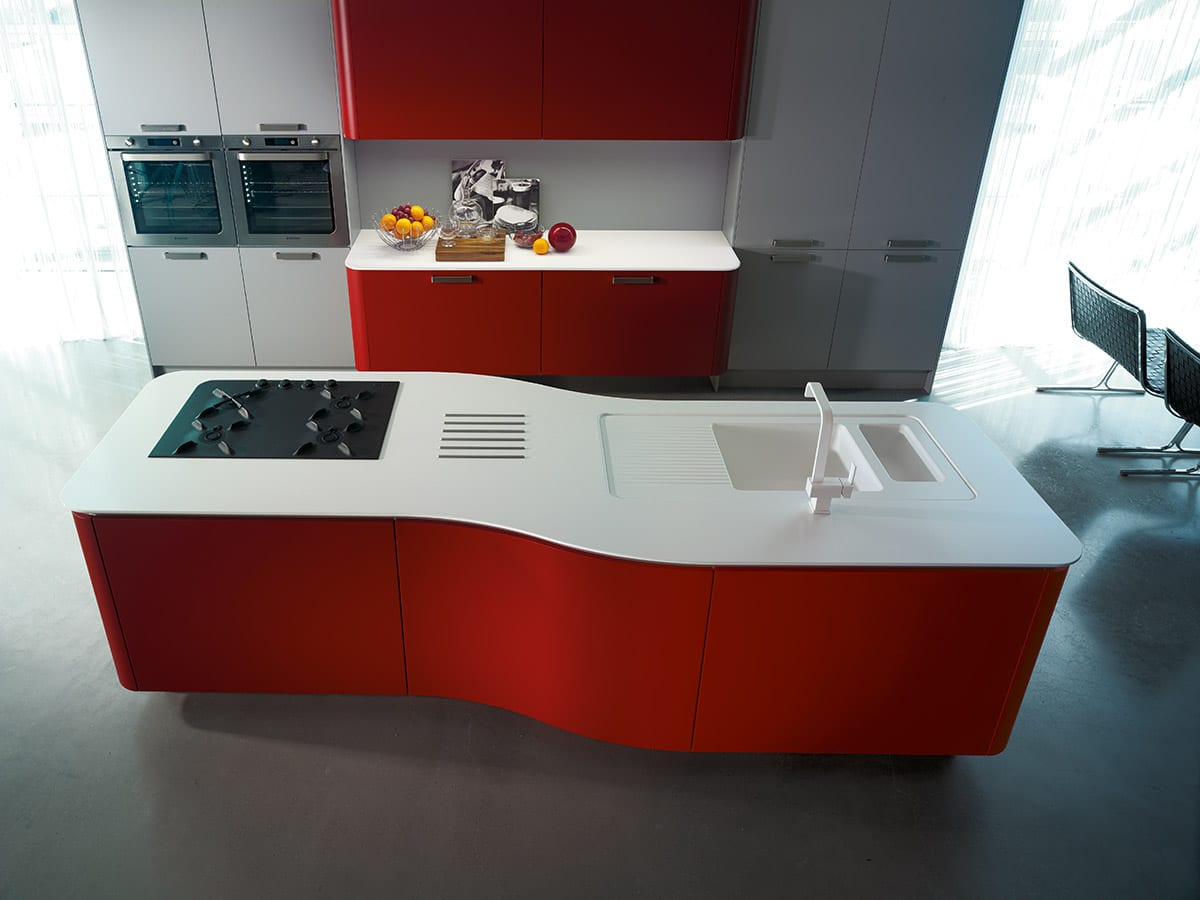 moderne küche design in weiß und rot mit kleiner kochinsel für moderne einrichtung kleiner küchen