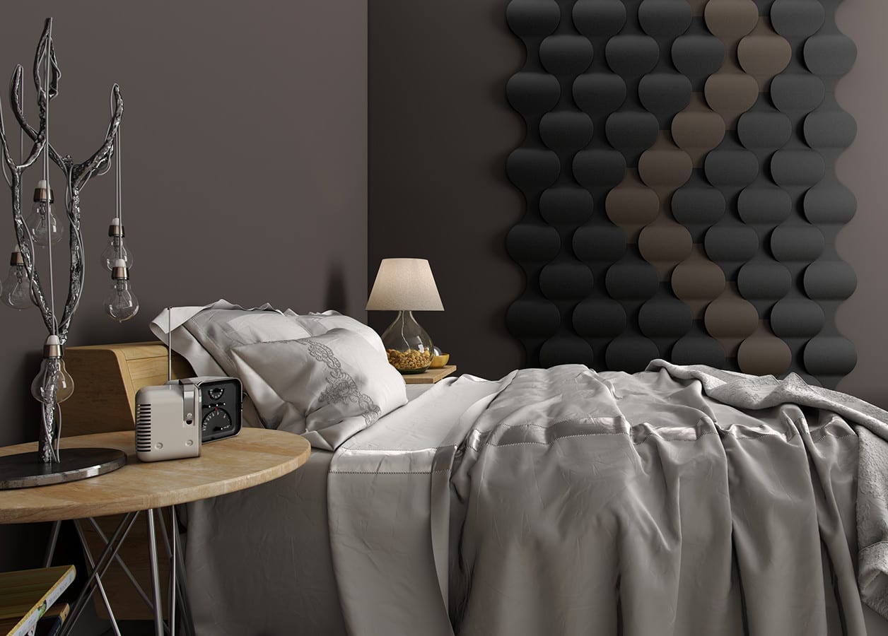 moderne und gemütliche schlafzimmer schwarz mit wandfarbe schwarz und moderne tischlampe_farbgestaltung wände mit schwarzen 3d Wandpaneelen