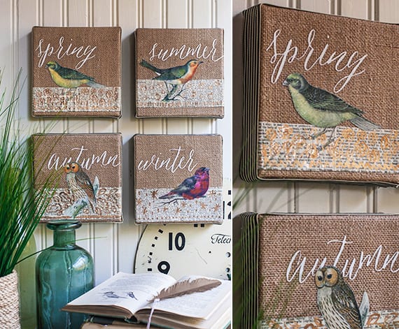 DIY Wanddeko mit leinwand und vögeln zum basteln für den frühling