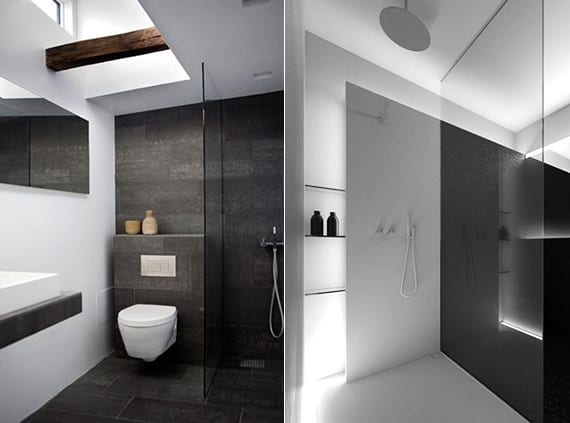 coole bäder ideen für moderne badgestaltung kleiner badezimmer in schwarzweiß mit indirekter beleuchtung oder mit tageslicht