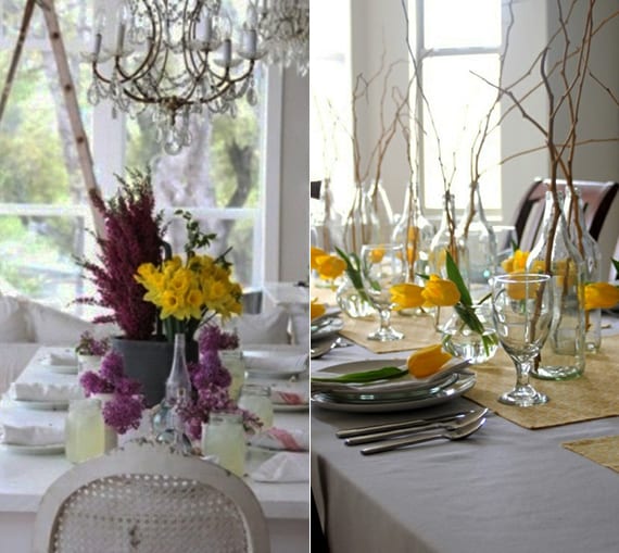 tischdeko ideen mit gelben tulpen und Zweigen im glas