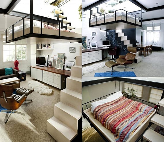 modernes 1 zimmer apartment mit loft bed und metalltreppe als trennwand zwischen küche und wohnzimmer