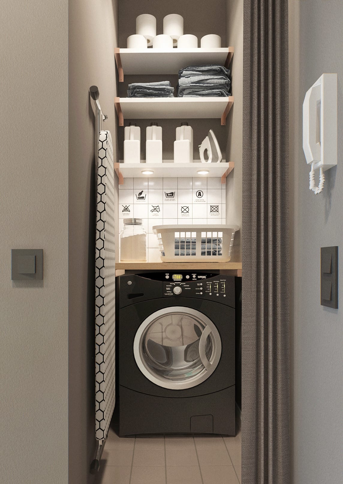 farbgestaltung flur mit wandfarbe grau und platzsparende idee für kleinen waschraum mit gardiene und weißen wandregalen über waschmaschine schwarz