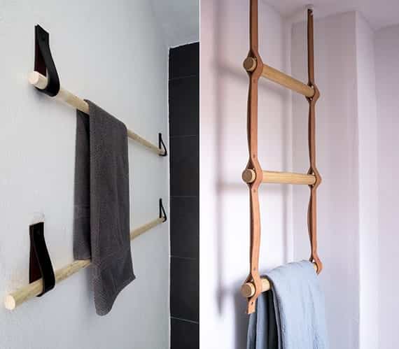 bad modern gestalten mit DIY Handtuchhalter aus Rundholzstab und Leder