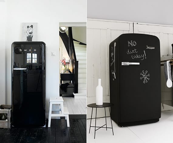 retro kühlschrank in schwarz für vintage küchengestaltung mit holzfußboden in schwarz oder weiß