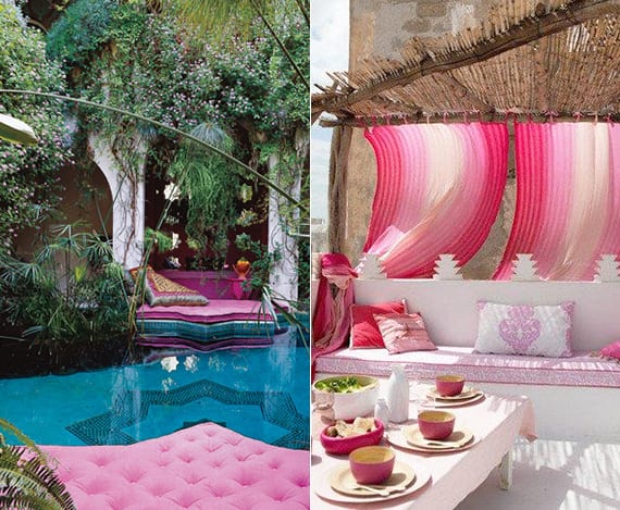terrasse und garten ideen im bohemian style mit rosafarbigen polstern am pool und weiße sitzecke mit gardienen und DIY Holzüberdachung