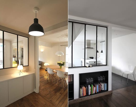 kleine wohnung modern einrichten mit wohnküche hinter trennwand aus glas_ideen für trennwände mit verglasung und einbauregalen