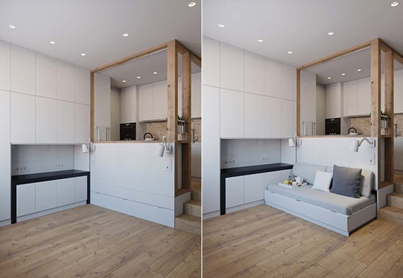 raumsparende einrichtungsideen für kleine 1-zimmer-wohnung mit holzfüßboden, wohnwand weiß, Sofabett und offener Küche im Wohnzimmer