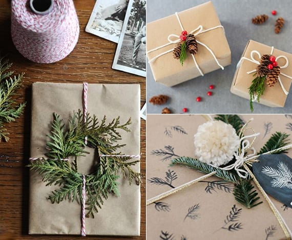 geschenke verpacken weihnachten mit packpapier, zapfen, bommel, faden und tannengrün