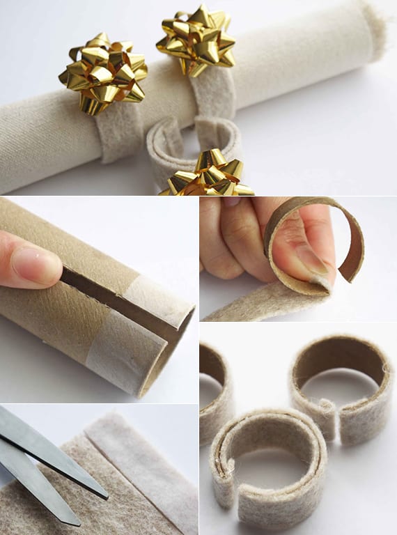 tisch festlich decken und stoffservietten falten zu weihnachten mit coolen DIY Serviettenringen aus papprolle und filz