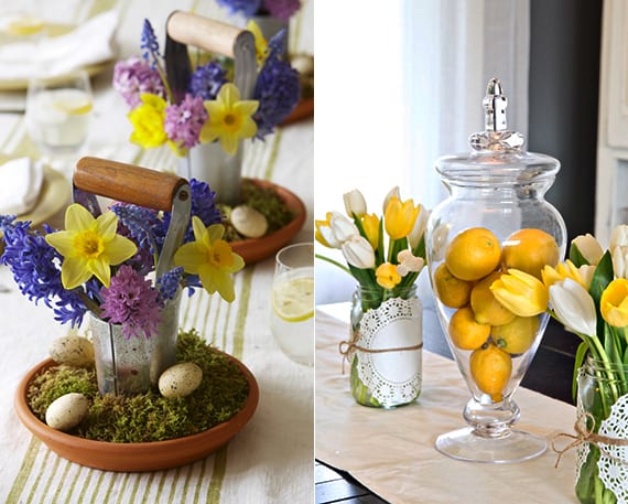 einfache und coole dekoideen für Ostertischdeko mit Zitronen und frühlingsblumen in kleinen metalleimern